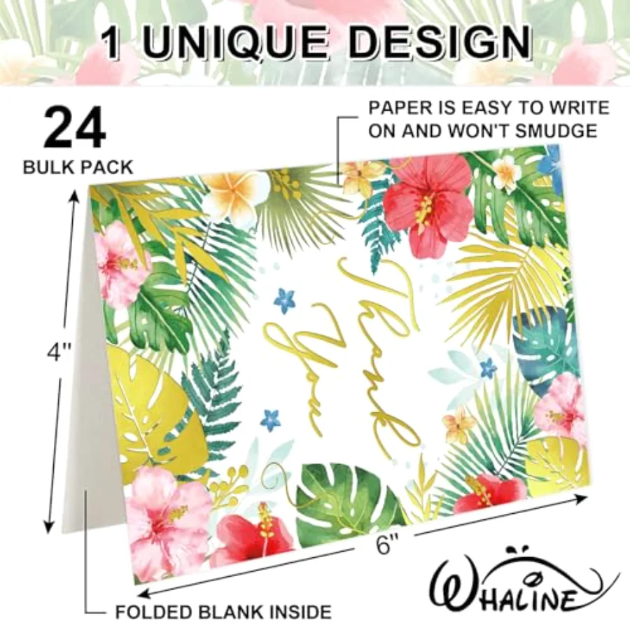 24 Pack Hawaiian Thank You Cards Gold Foil Tropical Flowers Leaves Note, view 2