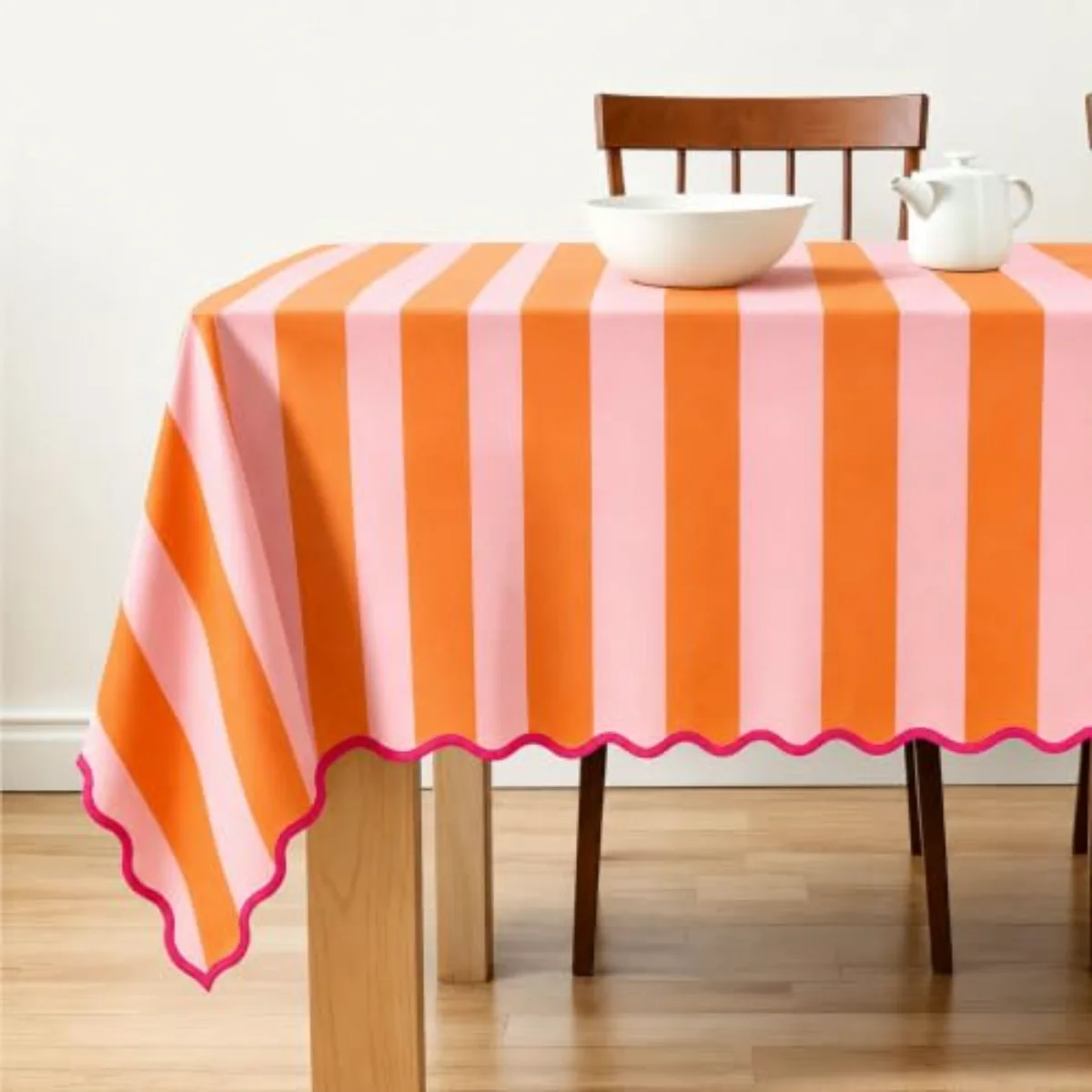 Scalloped Edge Tablecloth, Orange Pink Wide Striped