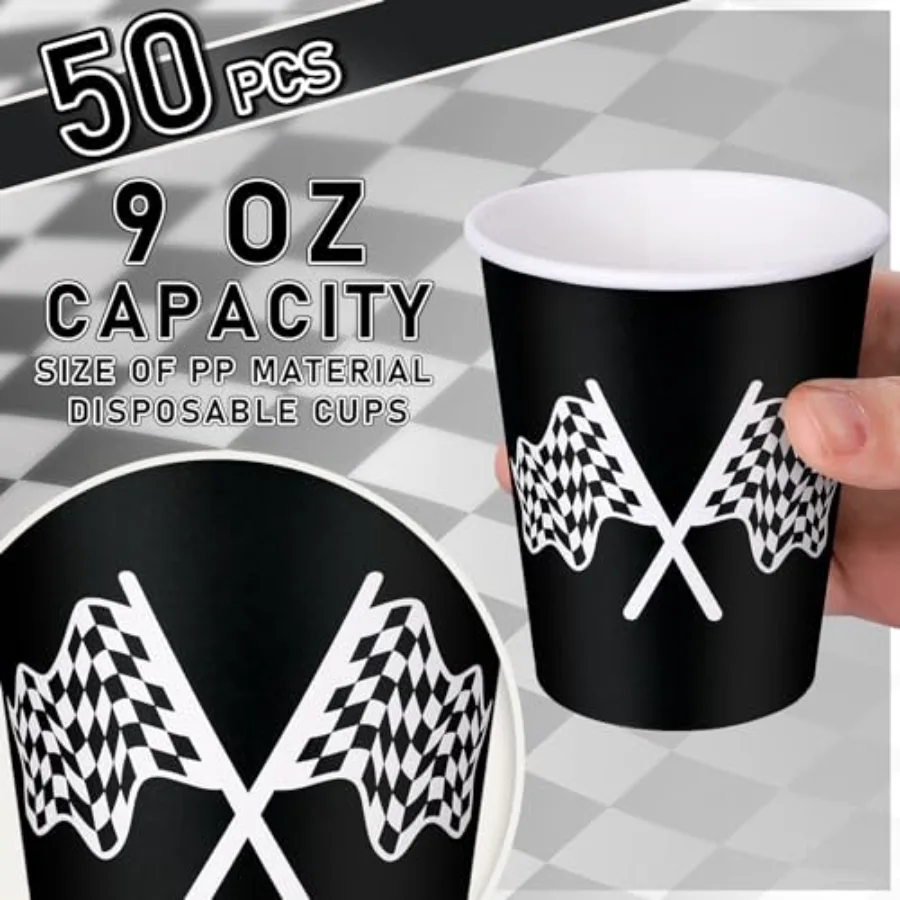 50 Pcs Checkered Racing Paper Cups 9 Oz White Black Checkered Flag, view 2