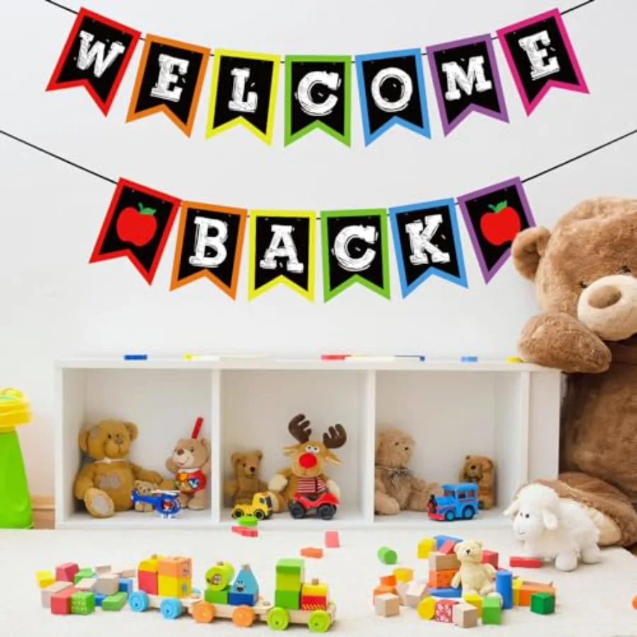 Welcome Back to School Banner Colorful Chalkboard Sign Rainbow Welcome, view 3