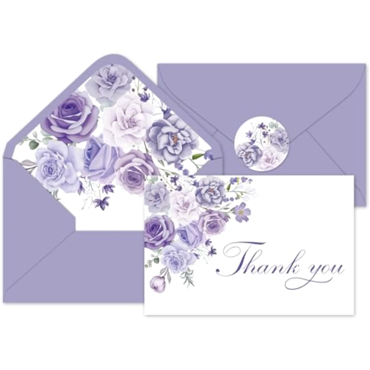 24Pcs Lavender Floral Thank You Cards with Envelopes and Stickers Purple