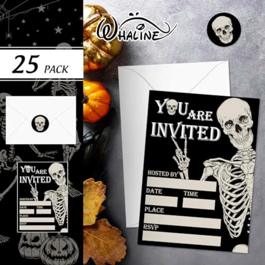 25 Sets Halloween Invitations with Envelopes Stickers Black Dancing, view 3