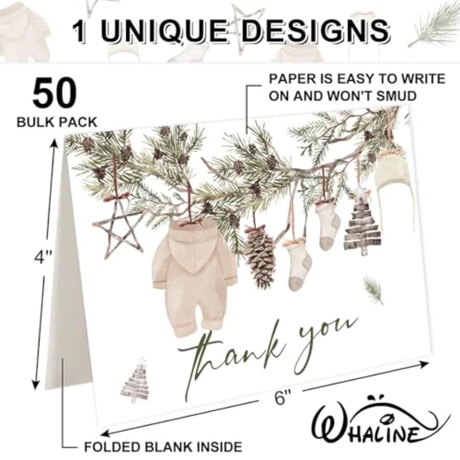 50 Pack Winter Baby Shower Thank You Cards Bulk Boxed Christmas Blank Note, view 2