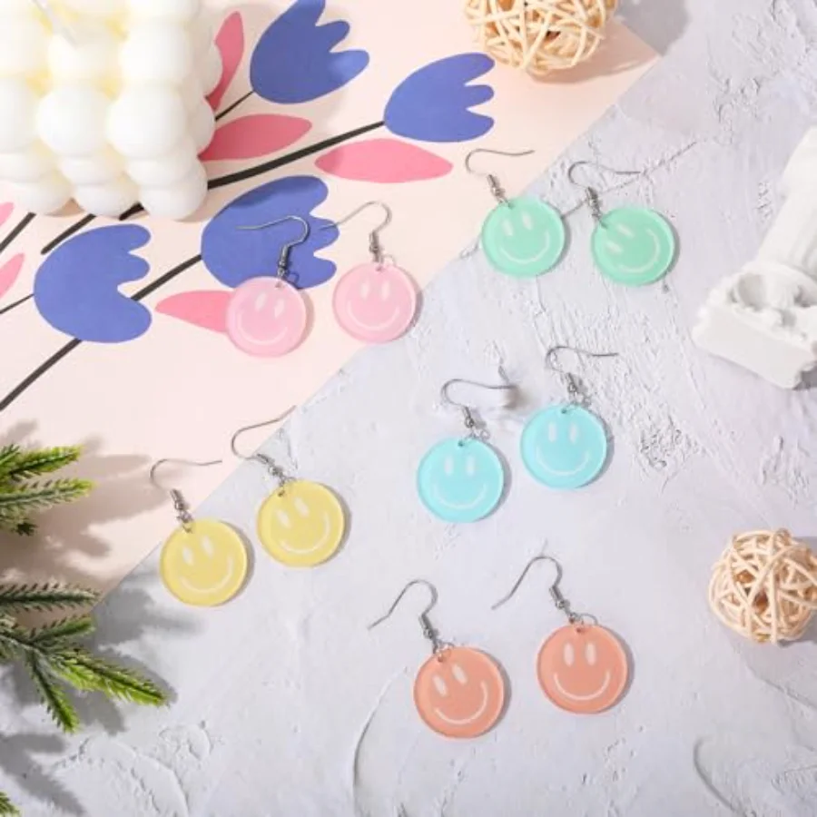5 Pairs Smile Face Acrylic Earrings Pastel Smile Face Dangle Earrings, view 3