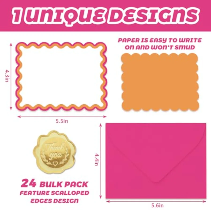 24Pcs Flat Blank Notes with Envelopes Stickers Pink Orange Scalloped, view 2
