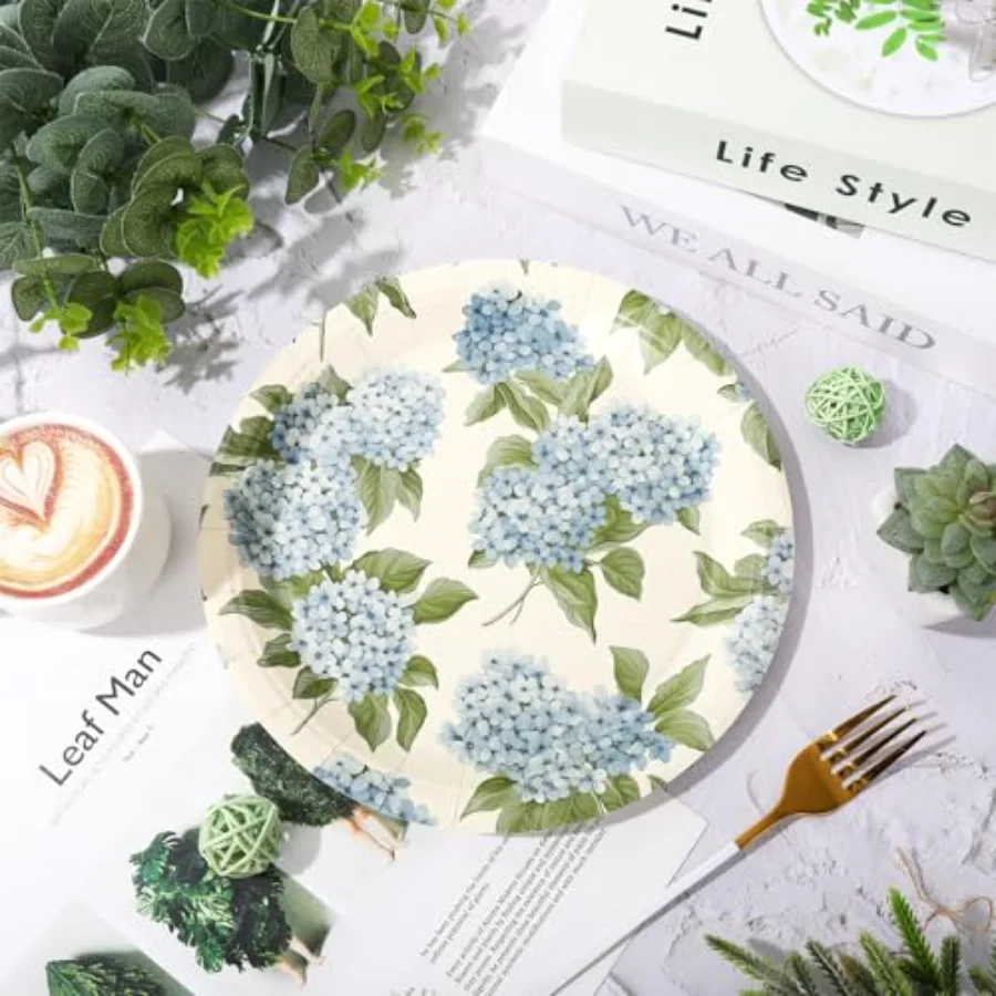 40Pcs Hydrangea Plaid Paper Plates Blue White Floral Disposable Dessert, view 4