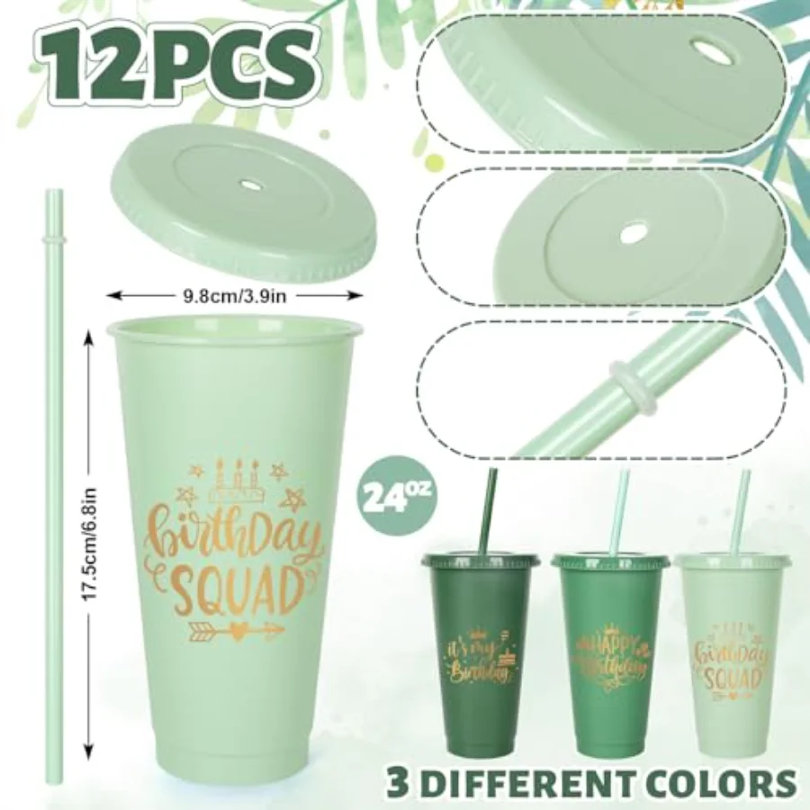 12Pcs Sage Green Plastic Cups with Lids Straws Birthday Party Cups, view 2