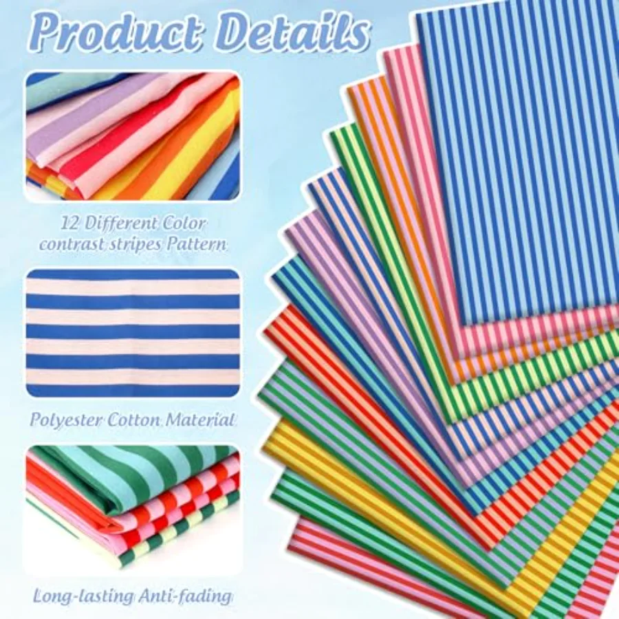 12 Pcs Colorful Cotton Fabric Bundles Fat Quarters Multicolor Stripe, view 3