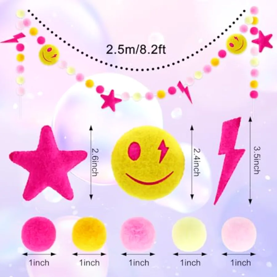 Preppy Felt Banner 3D Pink Face Lighting Star Banner Felt Ball Garland, view 2