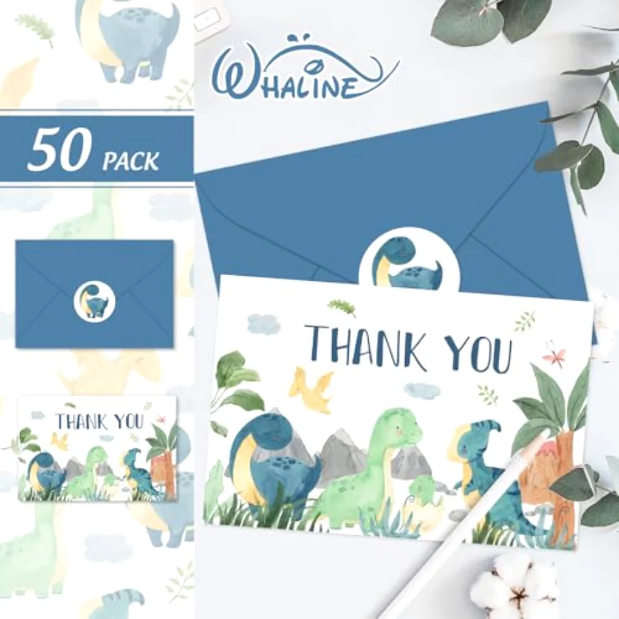 50 Pack Dinosaur Thank You Cards Boxed Watercolor Greeting Cards with, view 3