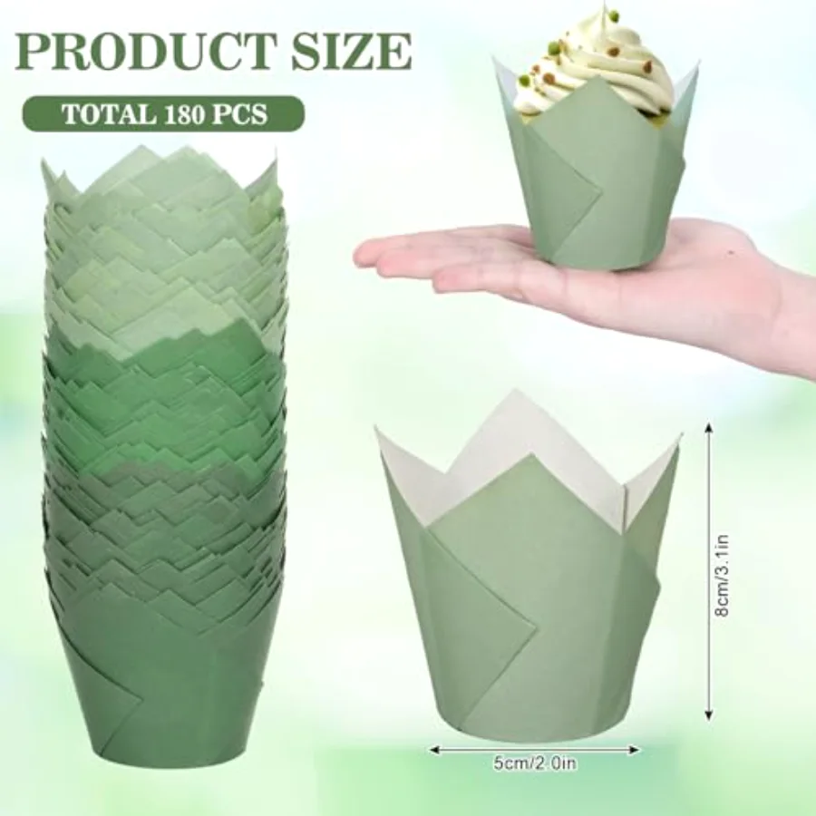 180Pcs Gradient Green Tulip Cupcake Liners Sage Green Tulip Muffin Baking, view 2