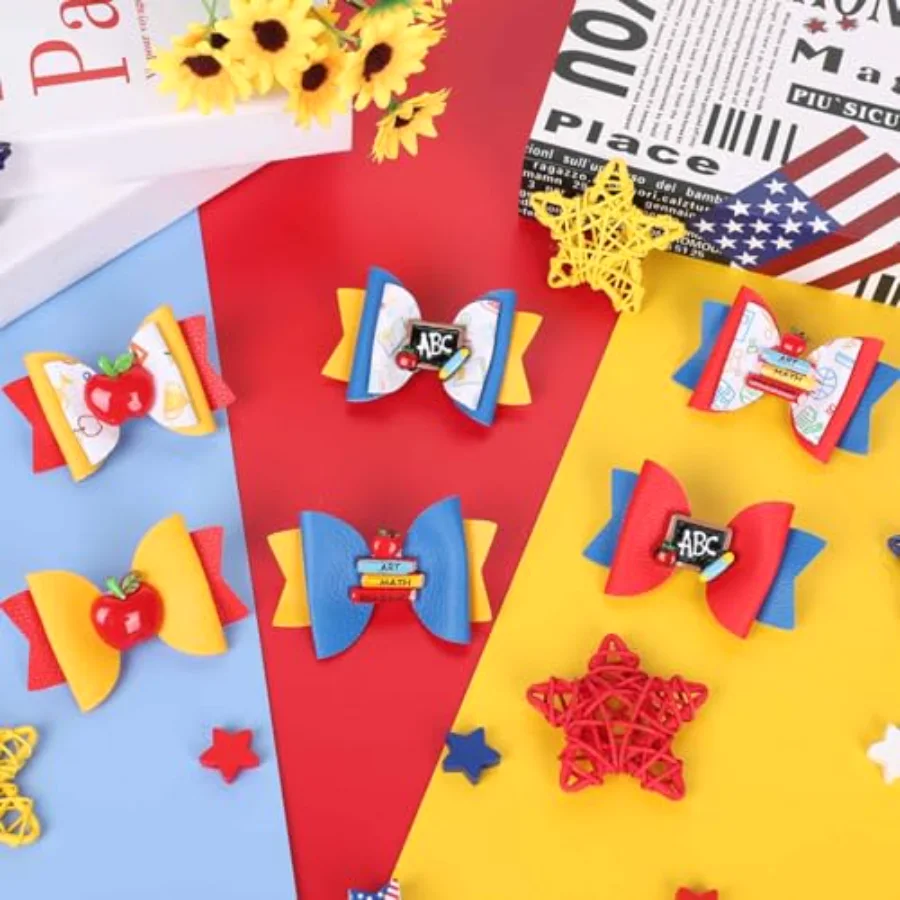 6Pcs Back to School Bow Hair Clips Apples Book Blackboard Hair Bow, view 4