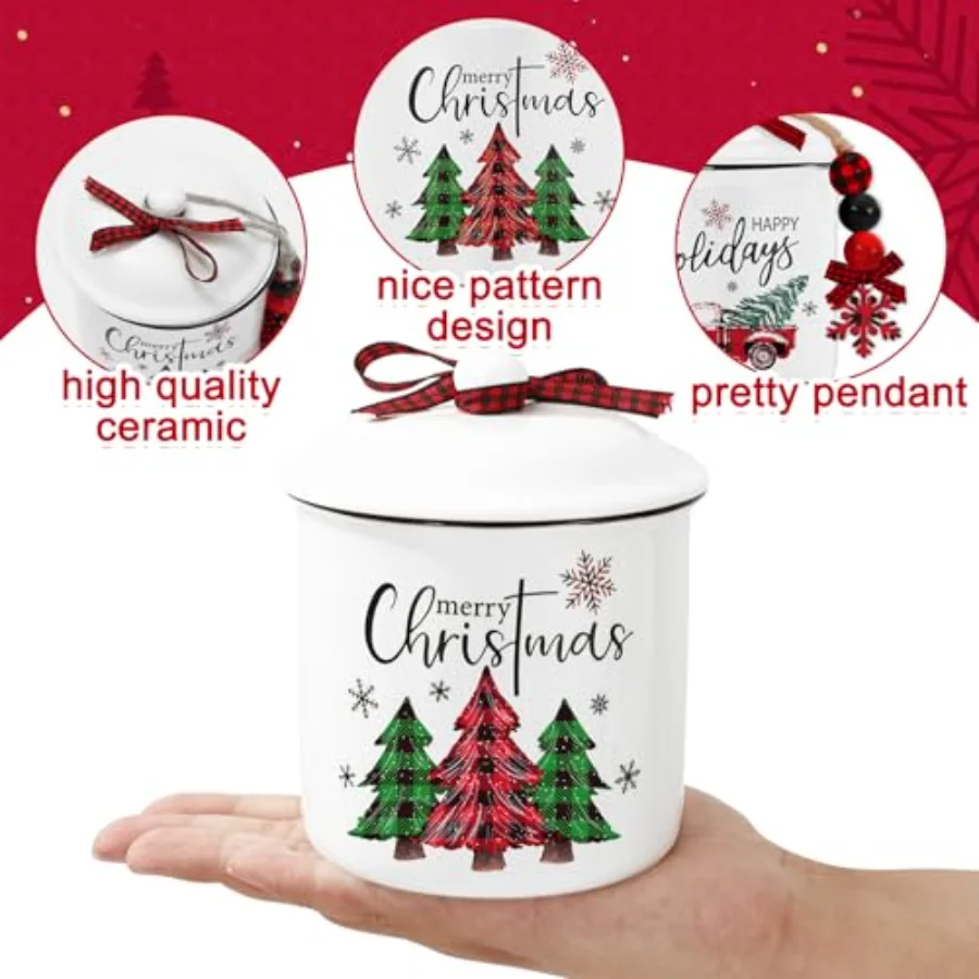 2Pcs Christmas Mini Ceramic Canister Red Green Plaid Xmas Tree Truck, view 3