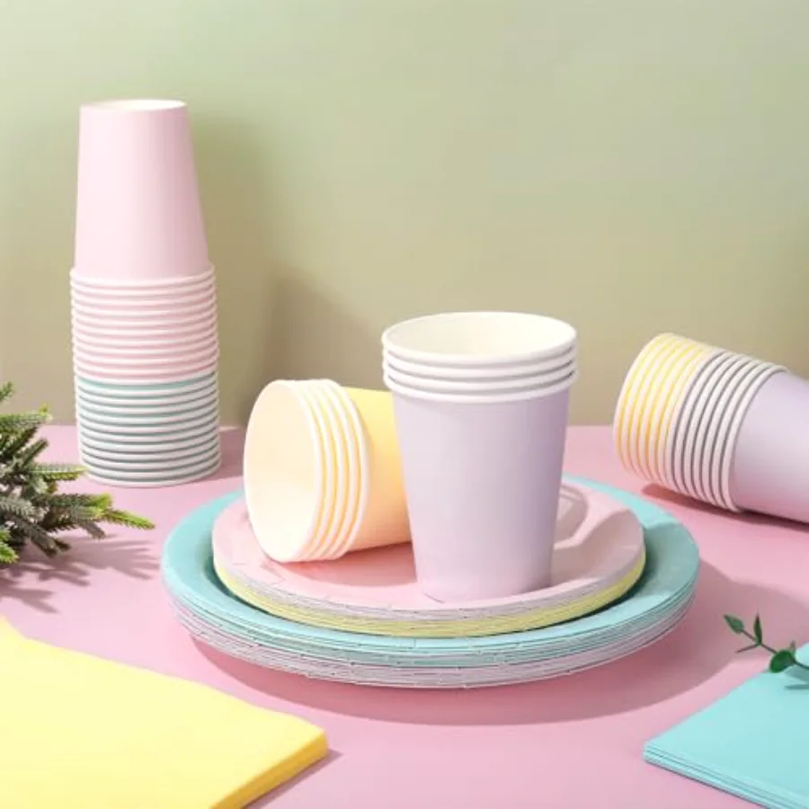 244Pcs Pastel Rainbow Tableware Set Serves 48 4 Colors Disposable, view 3