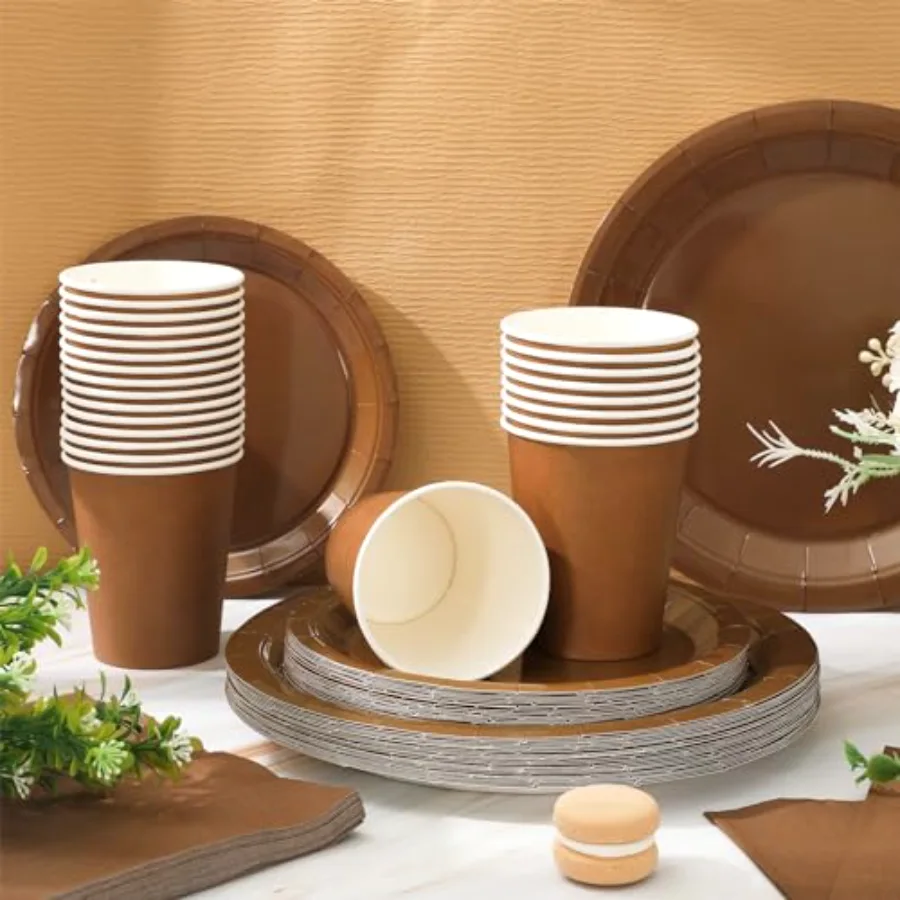 100Pcs Brown Tableware Set Fall Disposable Dinnerware Set 50Pcs Paper, view 4