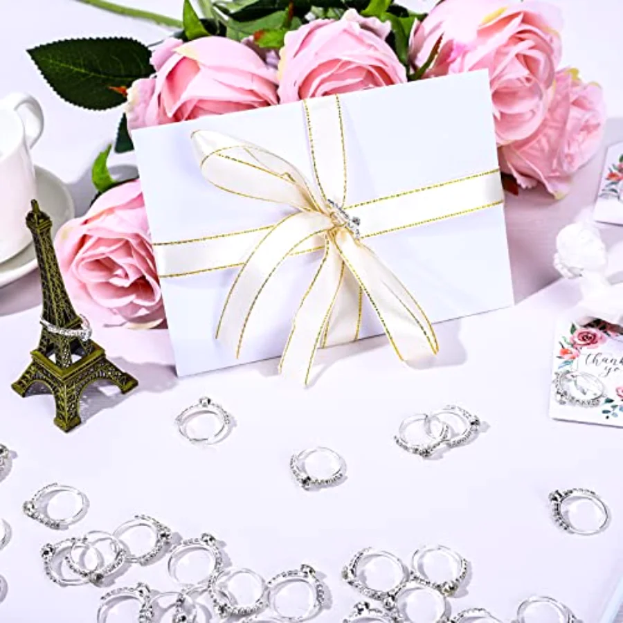 32 Pack Silver Bridal Shower Diamond Ring Fake Diamond Engagement Rings, view 4