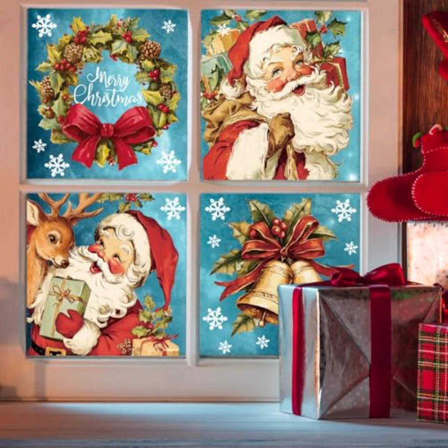 4 Sheets Large Christmas Window Clings Santa Reindeer Holly Berry Bell, view 3