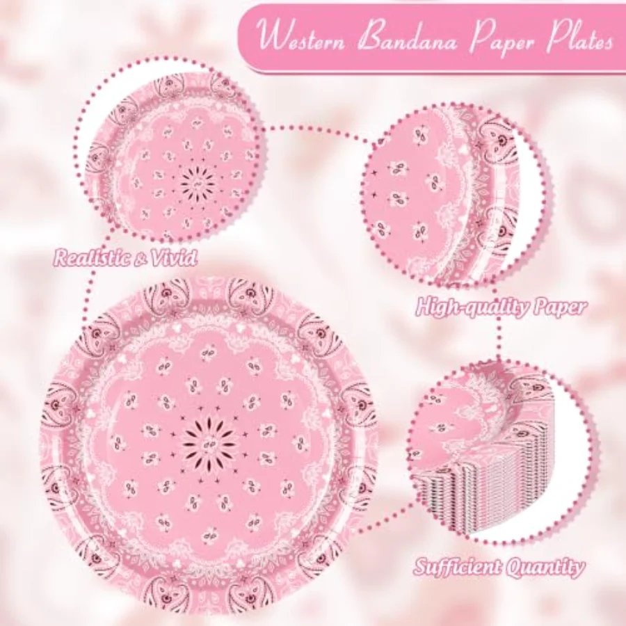 48Pcs Western Bandana Paper Plates Pink Cowgirl Paisley Disposable Plate 3, view 3