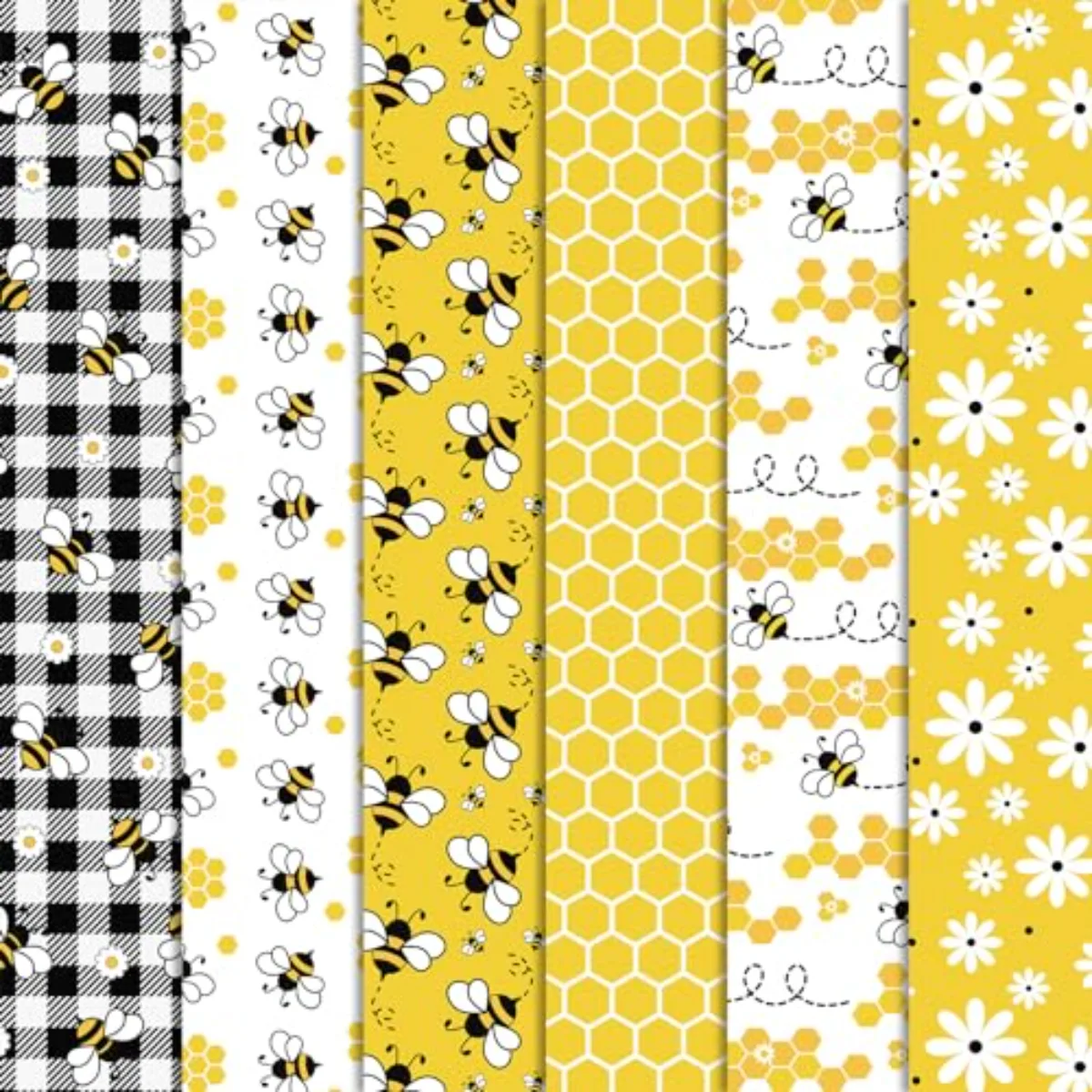 6 Pcs Summer Bee Cotton Fabric Bundles Bee Daisy Honeycomb Plaid Fat
