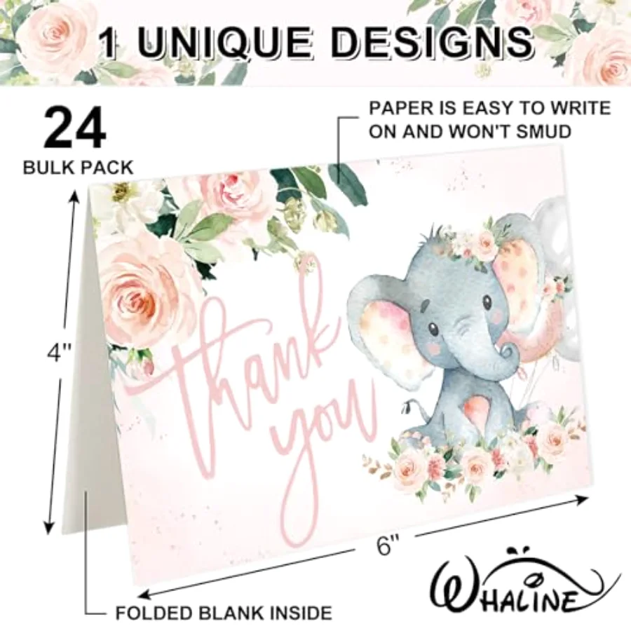 24 Pack Baby Shower Thank You Cards Elephant Flower Greeting Card with, view 2