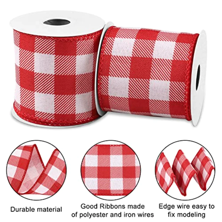 2 Rolls Plaid Wired Edge Ribbons Buffalo Check Plaids Ribbon Red White 2.5, view 3