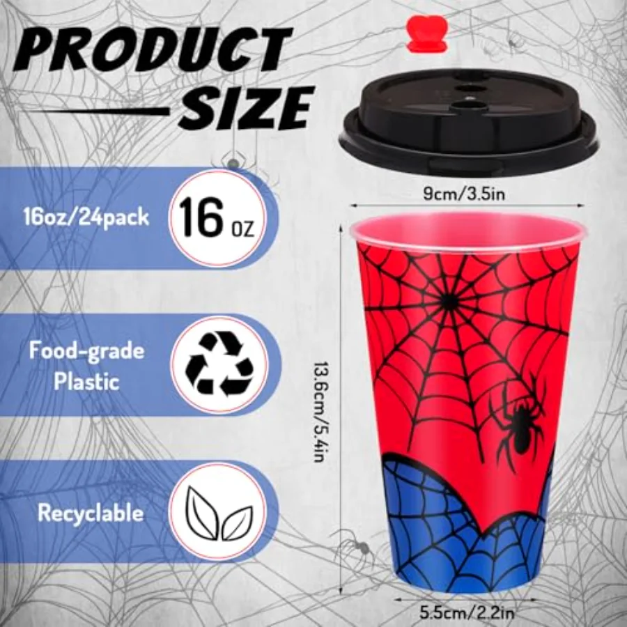 24 Pack Spider Web Goodie Cups 16Oz Reusable Red Blue Party Favors Plastic, view 2