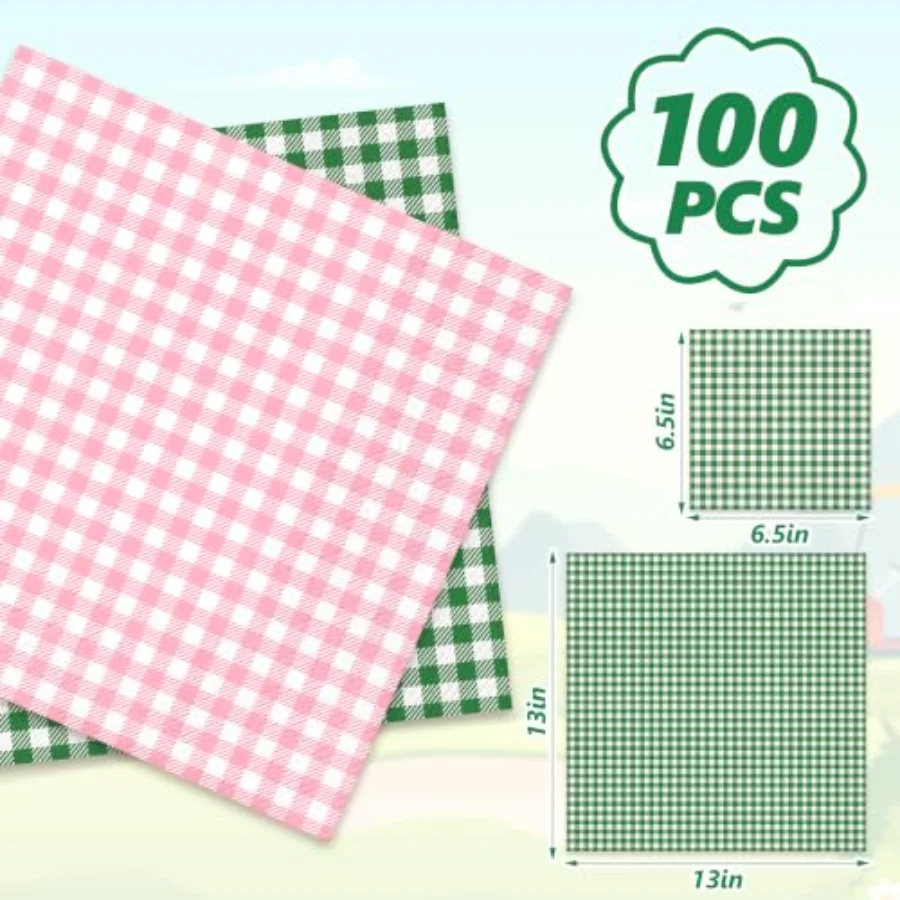100 Pcs Pink Green Plaid Luncheon Napkins Gingham Checkered Disposable, view 2