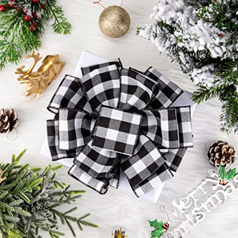 2 Rolls Wired Edge Plaid Ribbon Buffalo Check Ribbon White Black Plaid, view 4