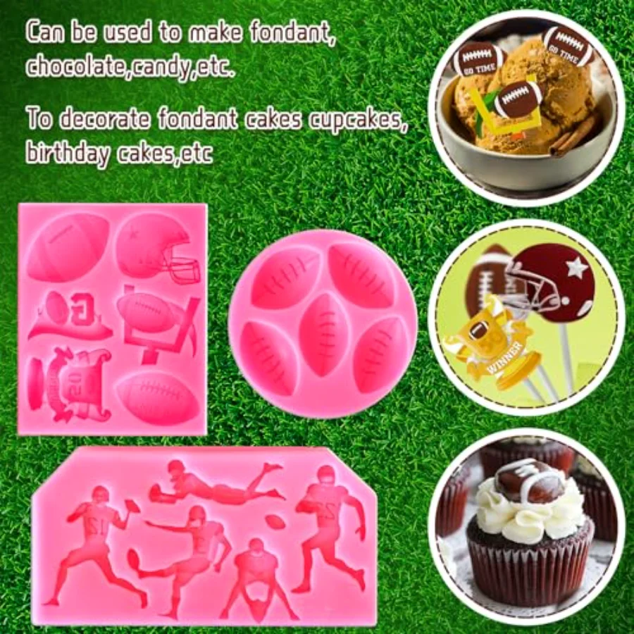 3Pcs Football Fondant Mold Sports Theme Silicone Mold Football Helmet, view 4