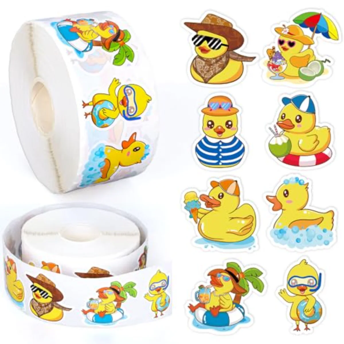 1000 Pcs Rubber Cute Yellow Duck Roll Stickers Funny Summer Duck Gift