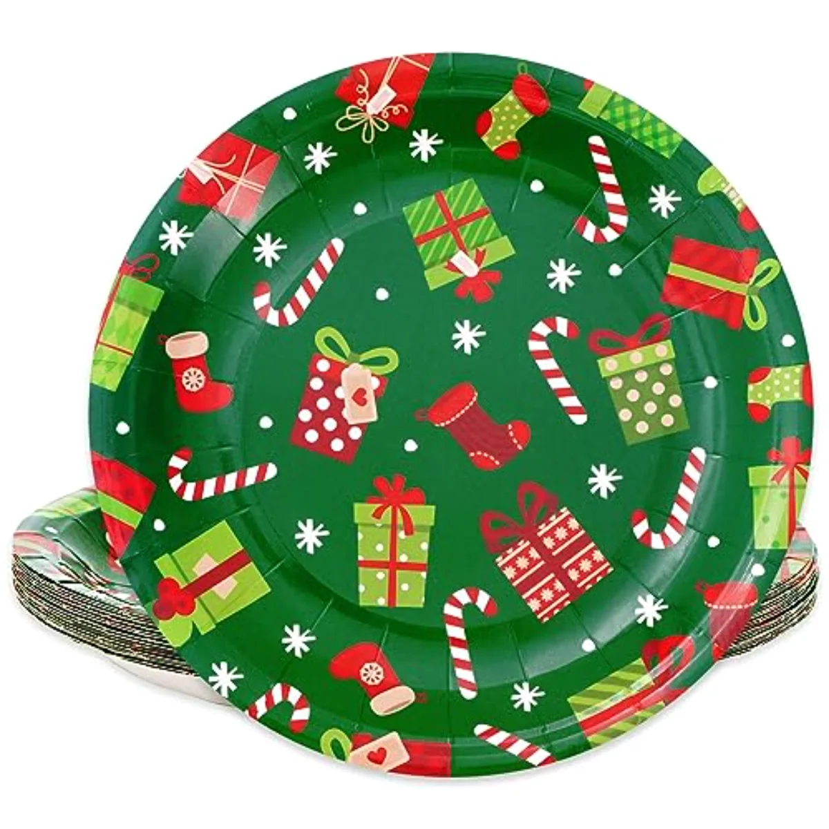 Christmas Paper Plates Xmas Holiday Snowflake Gift Box Print Round