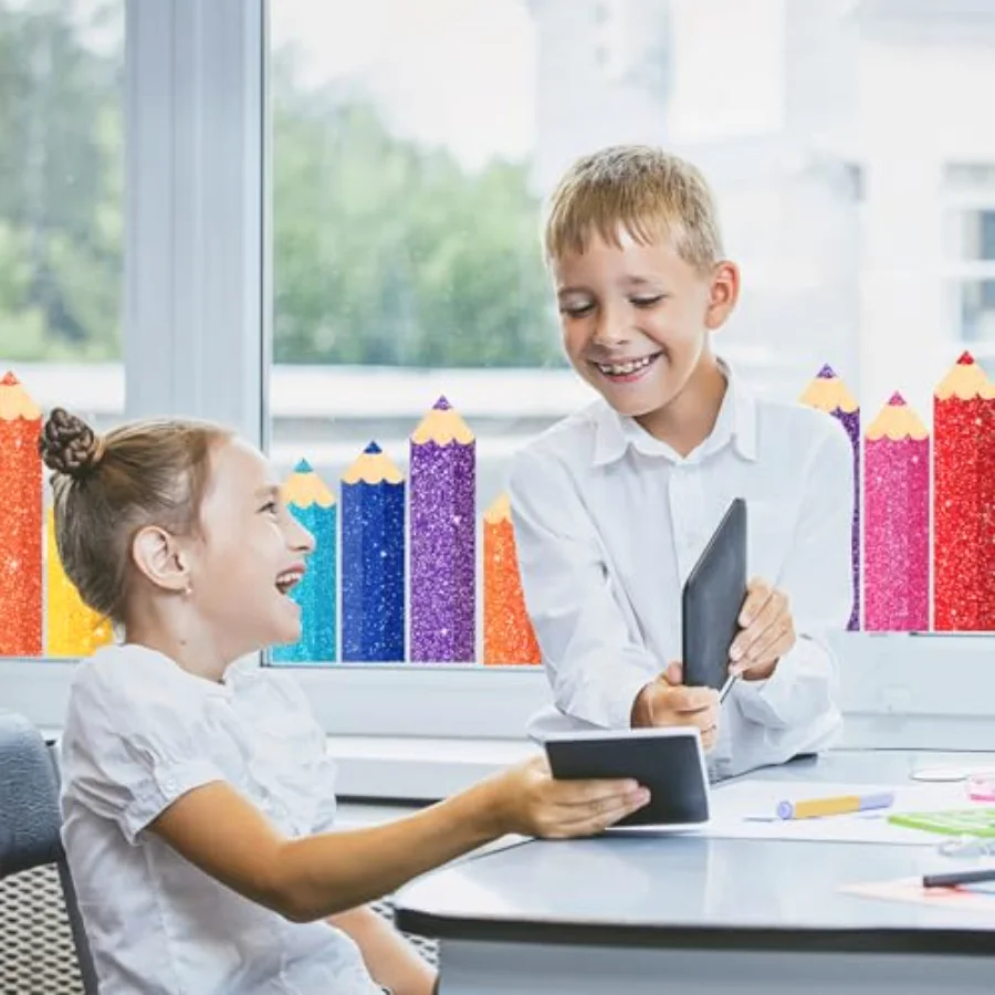 9 Sheet Back to School Colorful Glitter Pencil Window Clings Sparkly, view 2