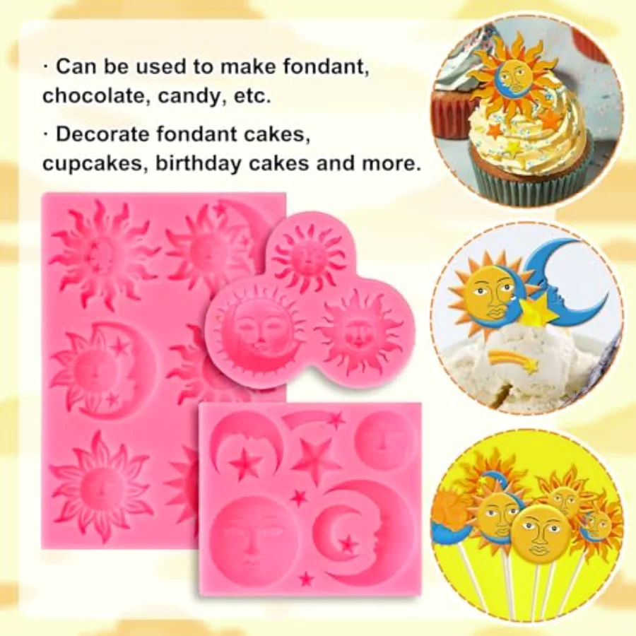 3 Packs Sun Moon Face Star Fondant Molds Ramadan Eid Mubarak Silicone, view 4