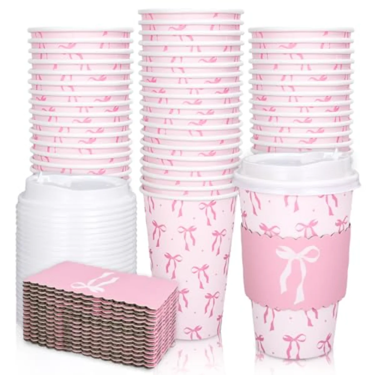 50 Set Pink Bow Disposable Coffee Cups with Lids and Sleeves Coquette