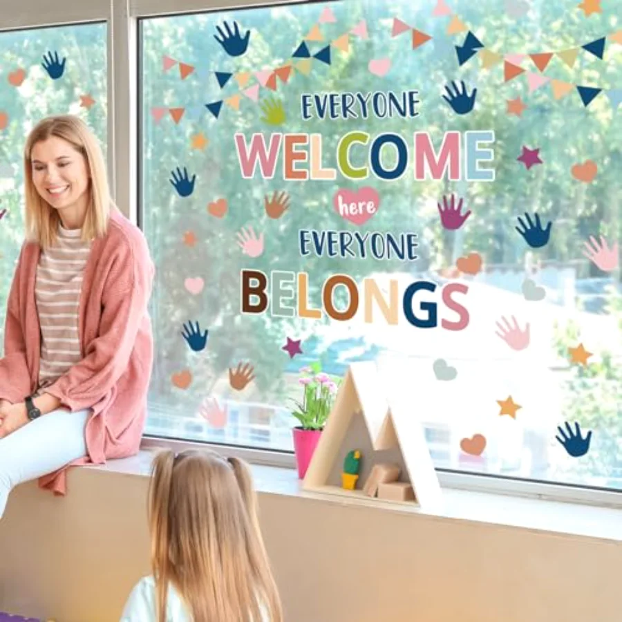 9 Sheet Back to School Window Clings Boho Handprint Heart Star Window, view 3