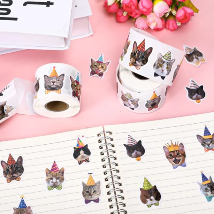1000Pcs Cat Birthday Theme Stickers Realistic Cute Cat Self-Adhesive, view 3