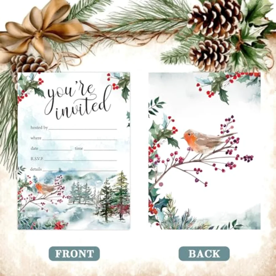 25 Pack Christmas Party Invitation Cards Winter Woodland Robin Invitation, view 3
