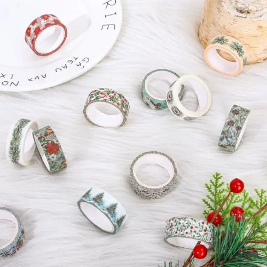 12 Rolls Christmas Floral Washi Tape Xmas Watercolor Berry Holly Leaves, view 4