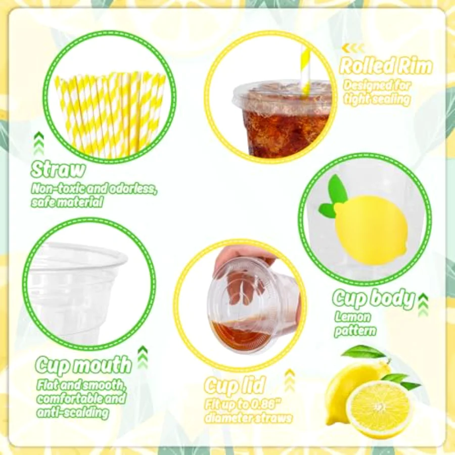 50 Pcs Lemon Disposable Plastic Cups with Lids and Straws, view 3