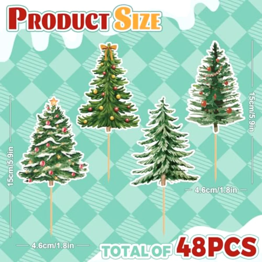 48Pcs Christmas Tree Cupcake Toppers 4 Designs Watercolor Cake Decor, view 2