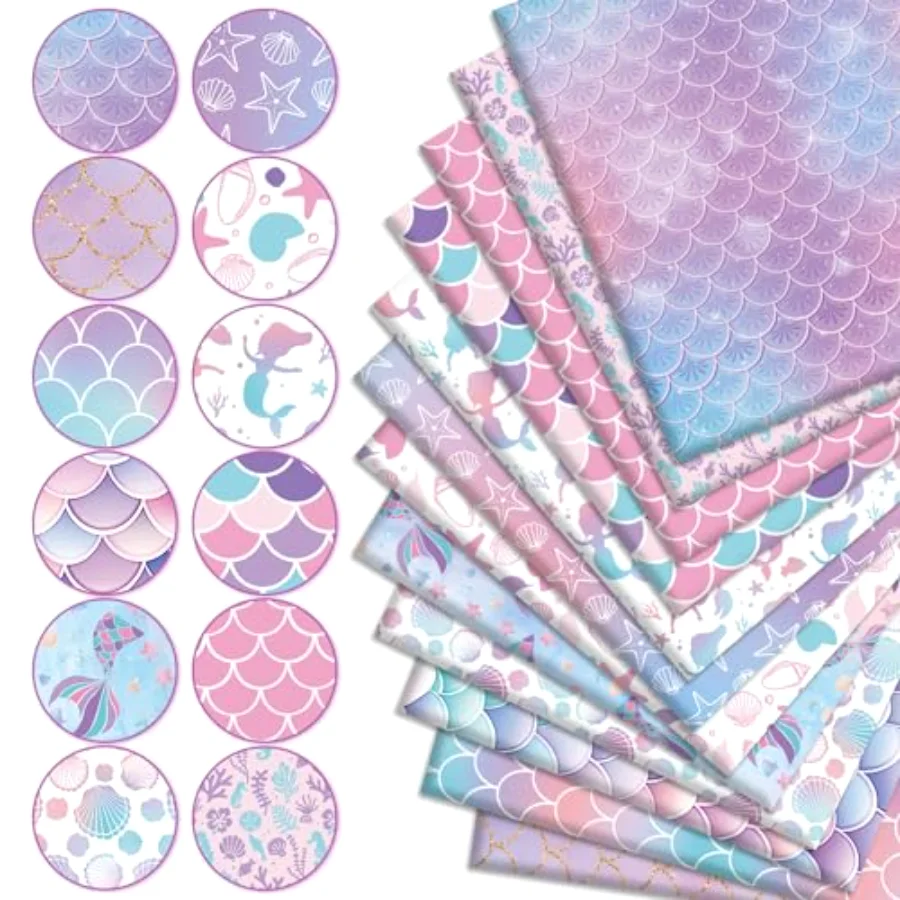 12 Pcs Spring Summer Mermaid Cotton Fabric Bundles Colorful Mermaid Scales, view 3