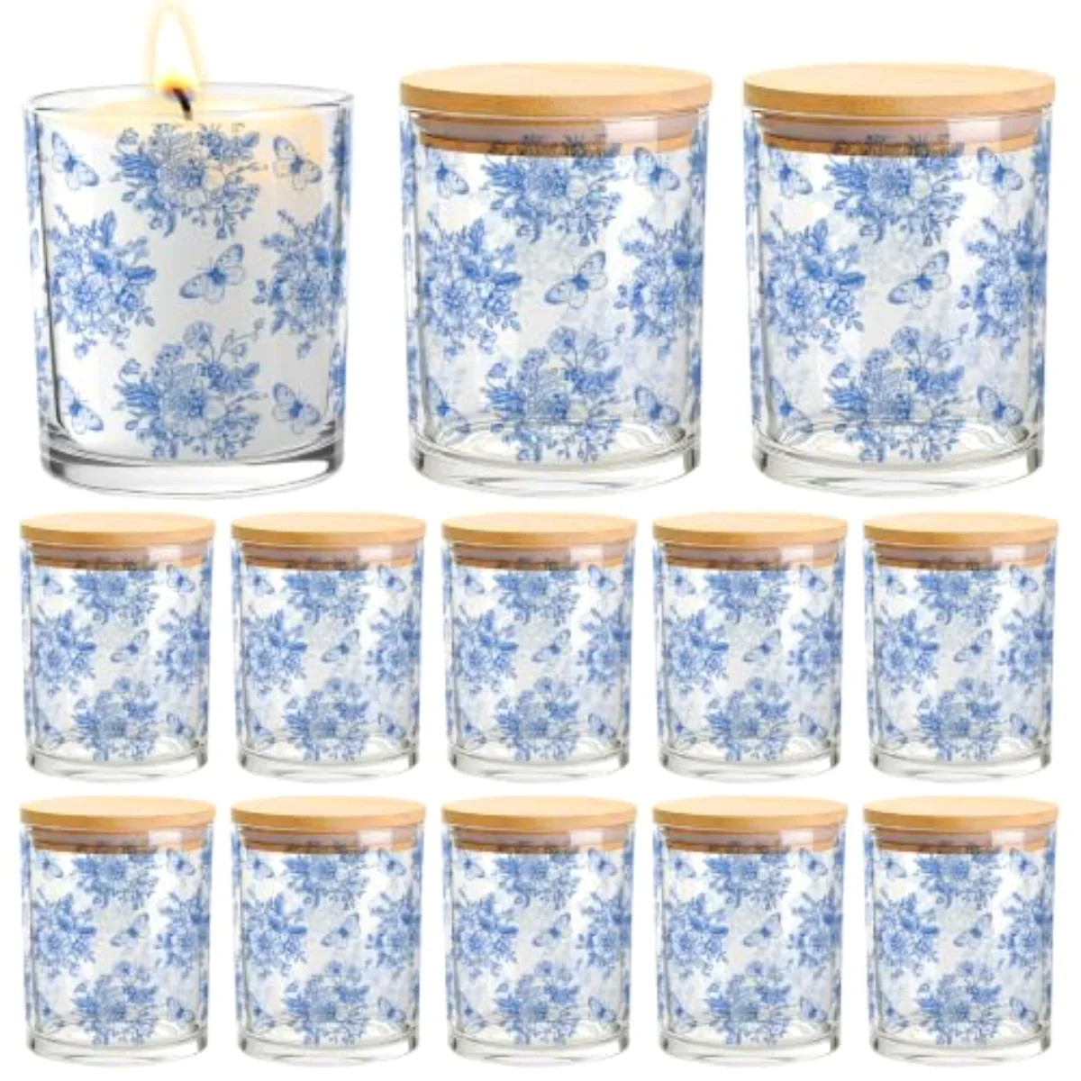 12 Pcs Blue Floral Glass Candle Jars with Lids