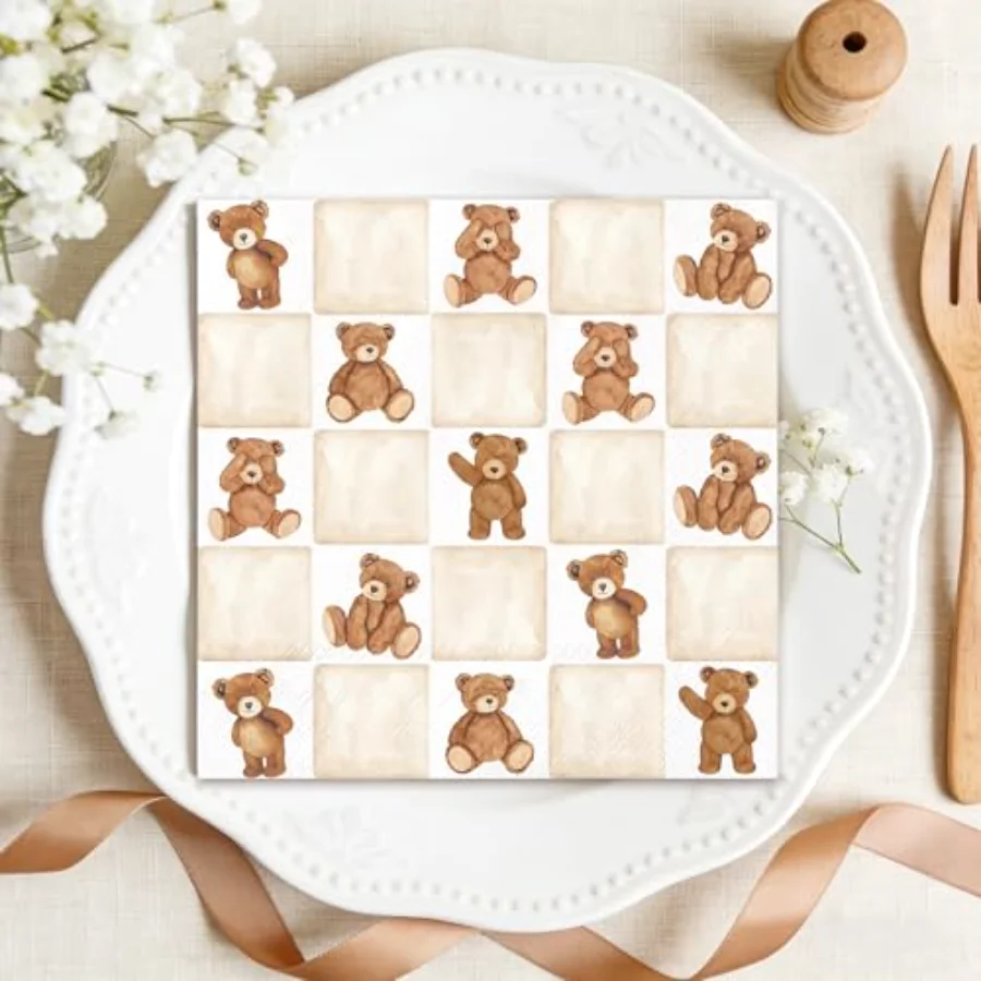 50Pcs Checkered Bear Cocktail Napkins Beige Brown Gingham Paper Napkins, view 4