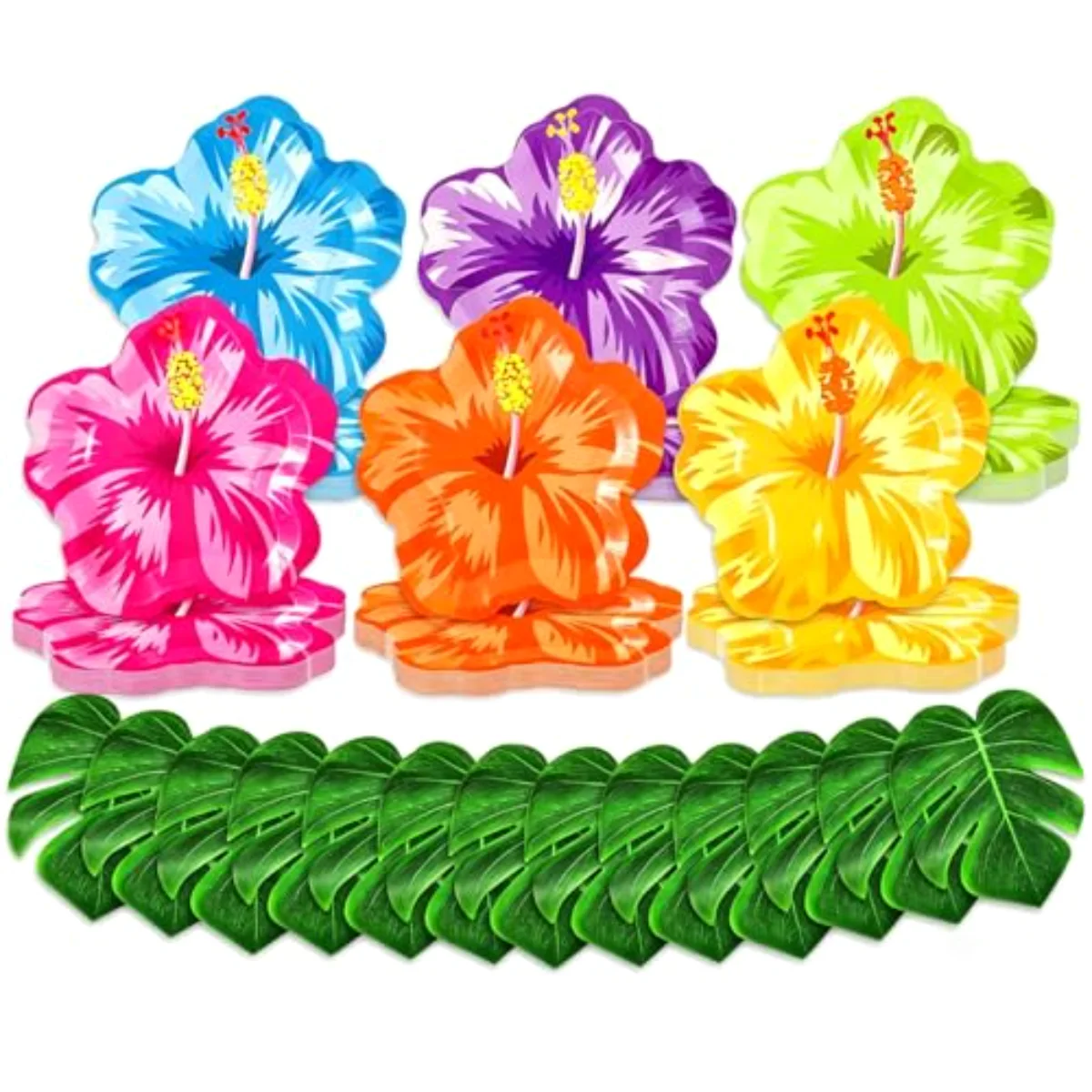 120 Pcs Hibiscus Floral with Artificial Palm Leaves Paper Plates Set Luau