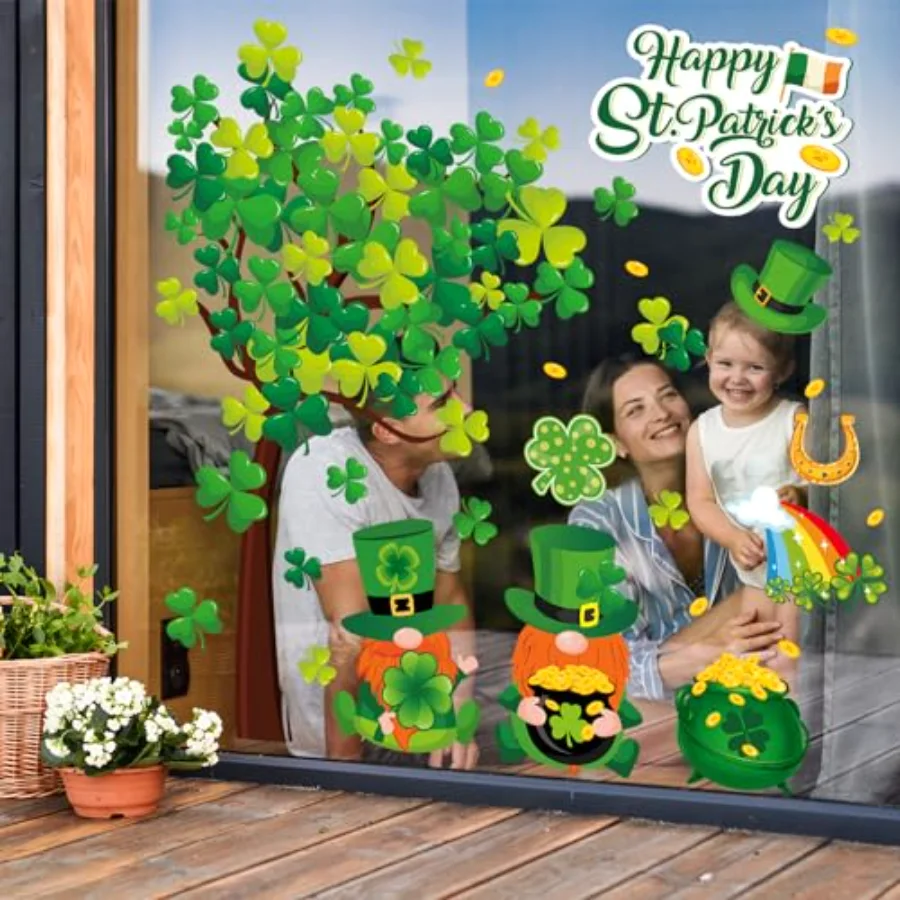 6 Sheets St. Patrick's Day Window Clings Large Clover Tree Gnome Window, view 2