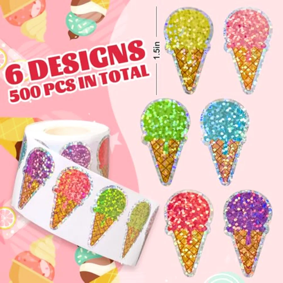 Summer Ice Cream Stickers Roll Holographic Ice Cream Cone Seal Stickers, view 2