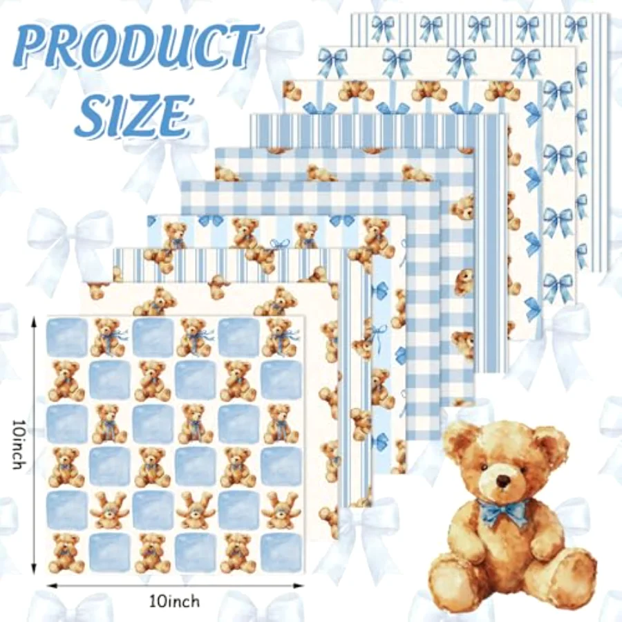 20Pcs Cute Bear Fabric Squares Cotton Fabric Bundles Small Watercolor Blue, view 2
