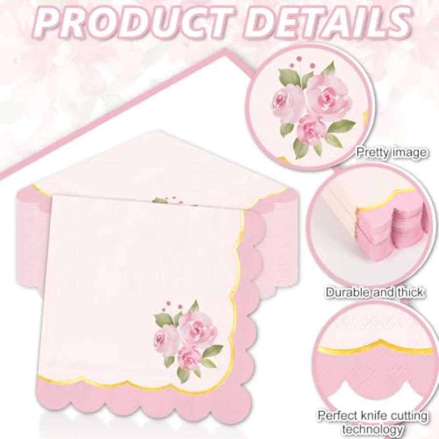 50Pcs Pink Floral Scalloped Cocktail Napkins Disposable Napkin Gold Foil, view 3