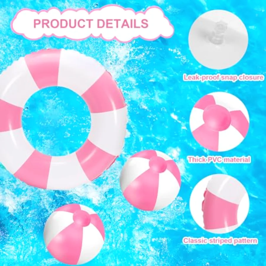 8Pcs White Pink Inflatable Swimming Float Toy Set Striped 22.8 in Swim, view 3