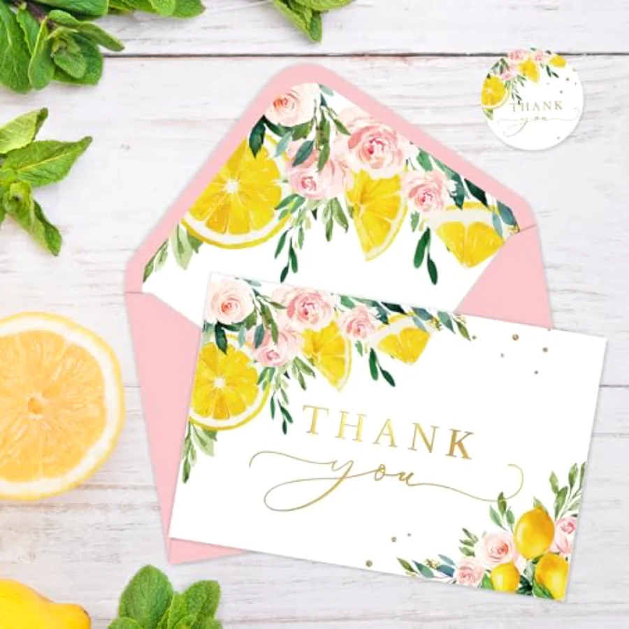 24 Pack Lemon Floral Thank You Cards Pink Flower Yellow Lemon Thank You, view 4